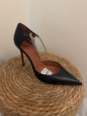 Amina Muaddi Ursina Pumps in Black with Crystal Strap